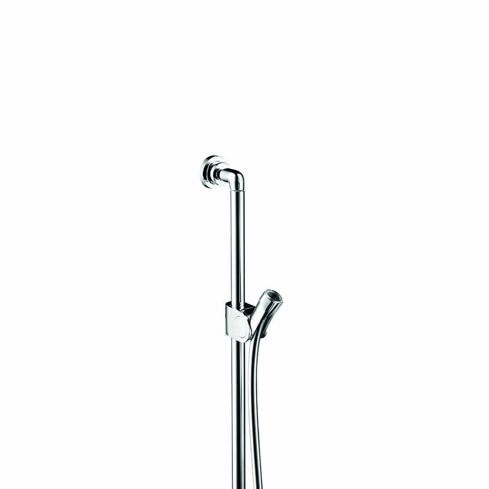 Chrome wallbar with vertical rail and handheld showerhead holder, featuring angled mounting bracket at top.
