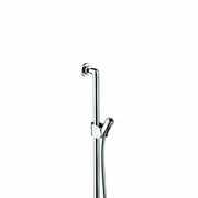 Chrome wallbar with vertical rail and handheld showerhead holder, featuring angled mounting bracket at top.