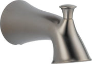 Stainless steel tub spout with curved tapered body and pull-up diverter in brushed finish.