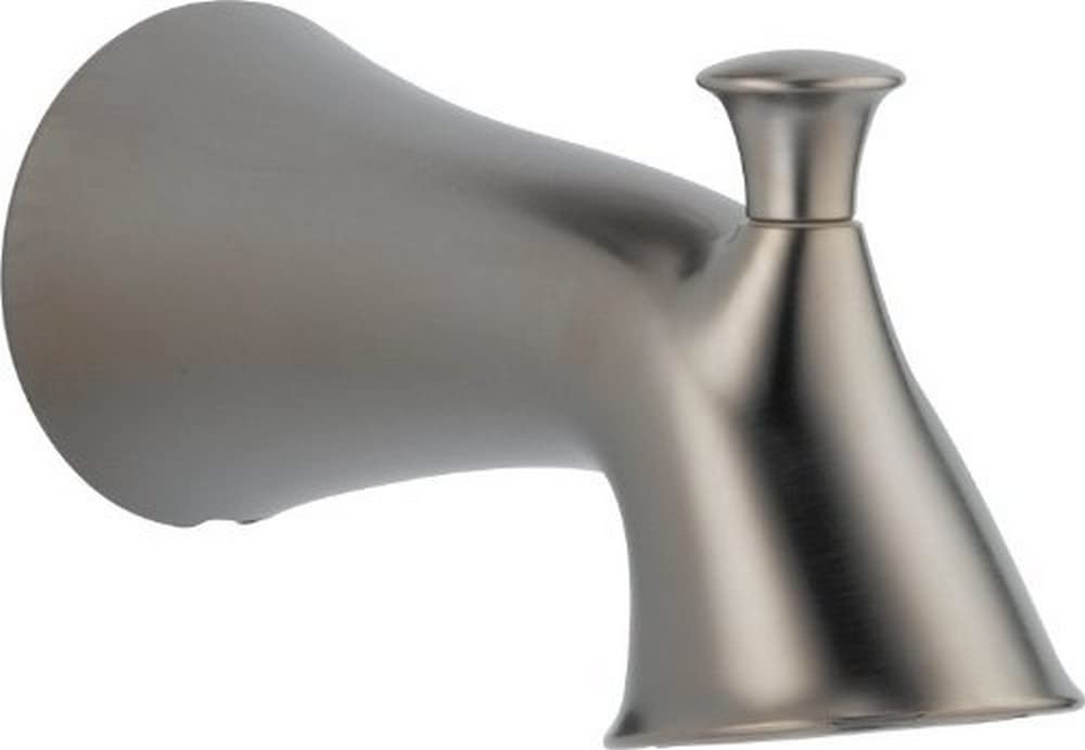 Stainless steel tub spout with curved tapered body and pull-up diverter in brushed finish.