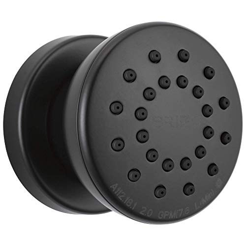 Matte black round shower head with multiple spray holes and removable cover, front and side view.