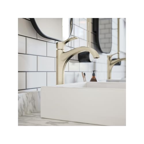 Brushed nickel single-hole faucet with curved spout mounted on white rectangular sink basin.