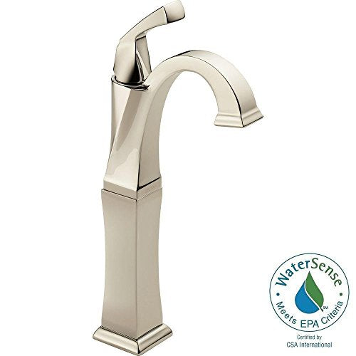 Brushed nickel single-handle vessel faucet with curved spout and tall squared base.