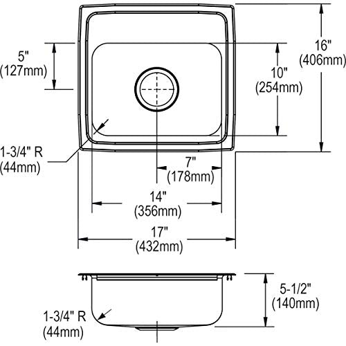 Stainless steel drop-in sink with single bowl, one faucet hole, and rounded corners, shown in top and side view technical dra