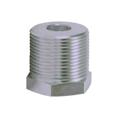 Chrome-plated brass discharge connector with 1/4" NPT male threads and hexagonal base.