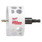 White bi-metal hole saw with serrated edge, black arbor shaft, and twist drill bit visible on left side.