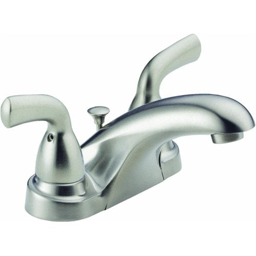 Chrome two-handle centerset bathroom faucet with curved spout and lever handles on white background.