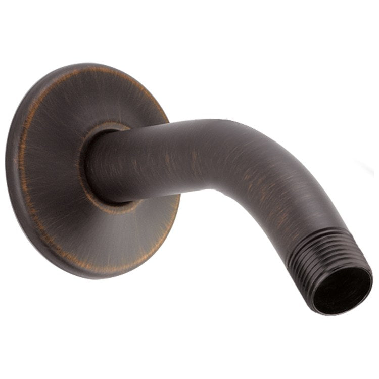 Brushed bronze shower arm with circular wall flange and threaded connection end.