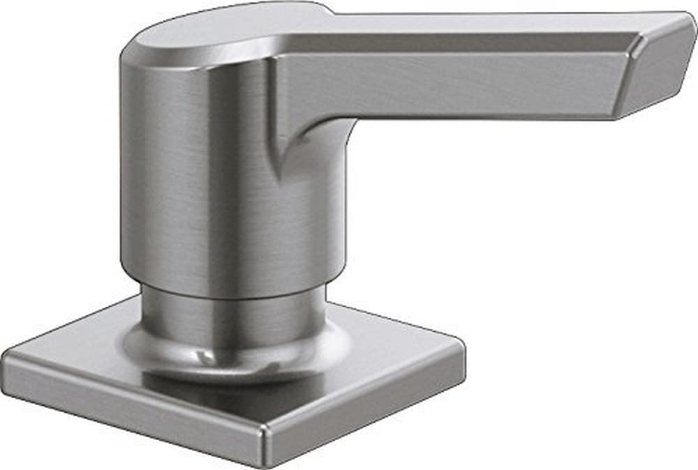 Brushed stainless steel soap dispenser with cylindrical pump body and rectangular lever handle on square base.