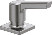 Brushed stainless steel soap dispenser with cylindrical pump body and rectangular lever handle on square base.