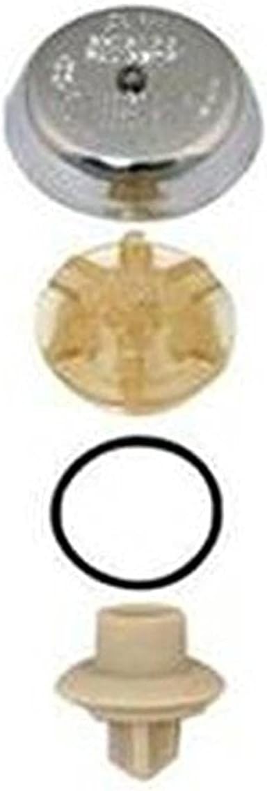 Faucet repair kit components including chrome cap, brass seat, rubber gasket, and plastic stem piece.