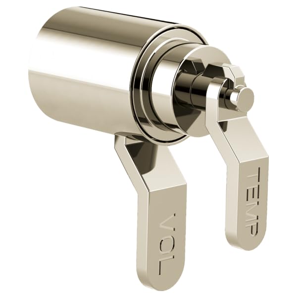 Polished nickel thermostatic valve trim with dual industrial lever handles and cylindrical spout housing.