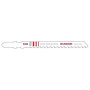 Milwaukee bi-metal jig saw blade with 6 teeth per inch, labeled model 5300, featuring serrated cutting edge.