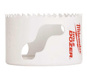 White cylindrical bi-metal hole saw with serrated cutting edge and two mounting holes on side.