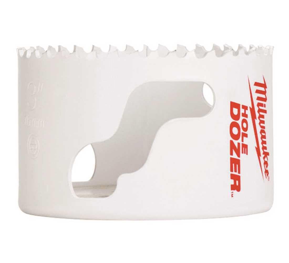 White cylindrical bi-metal hole saw with serrated cutting edge and two mounting holes on side.