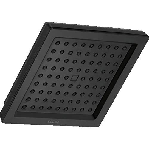 Matte black square raincan shower head with multiple spray holes and Delta branding visible.
