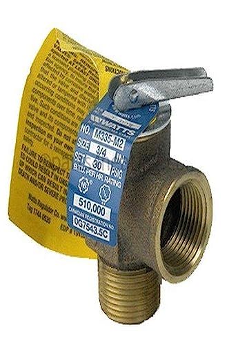 Bronze boiler relief valve with 3/4 inch male threads, blue lever handle, and yellow product label attached.