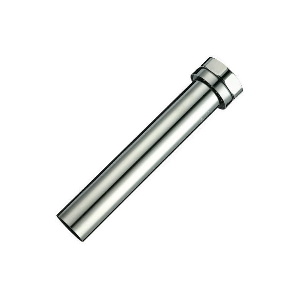 Chrome plated cylindrical vacuum breaker with threaded cap and band collar on white background.