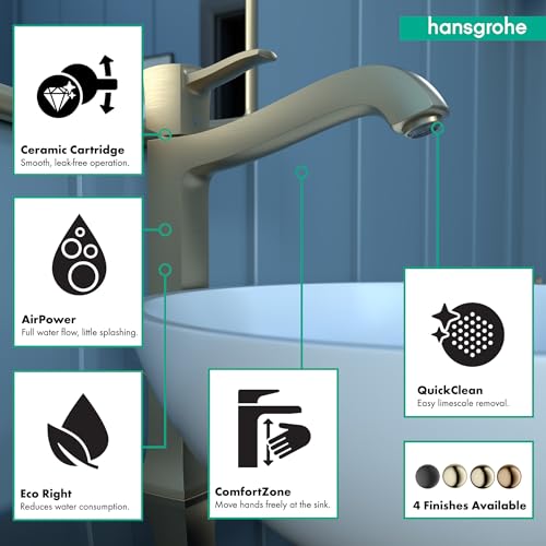Hansgrohe Metropol Classic brushed bronze single-hole bathroom faucet with curved spout and pop-up drain.