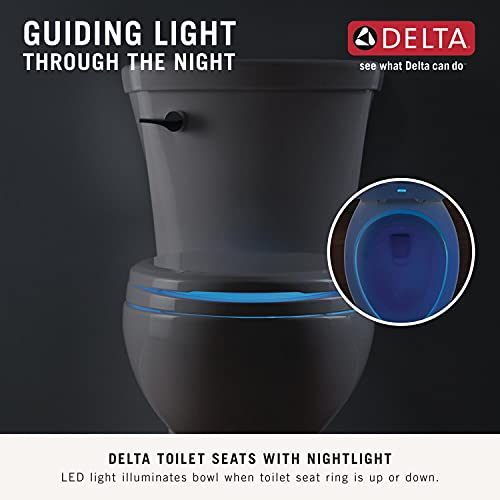 White round toilet seat with blue LED nightlight illuminating the bowl.