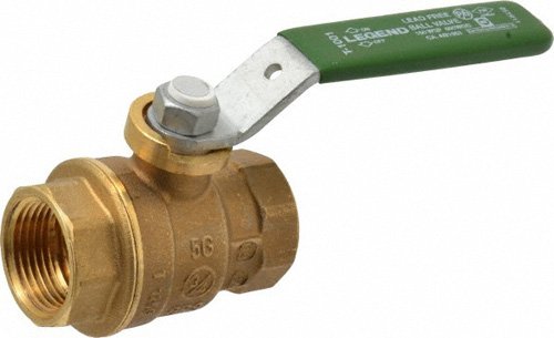 Brass ball valve with 1 inch female threaded ports and green lever handle.