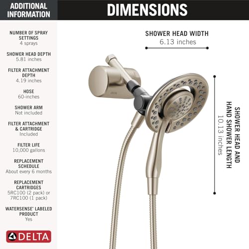 Brushed nickel dual shower head with 4-spray settings, 6.13-inch wide fixed head and adjustable hand sprayer on 60-inch hose.