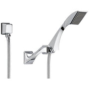 Chrome wall-mounted hand shower with square shower head, flexible hose, and wall bracket holder.
