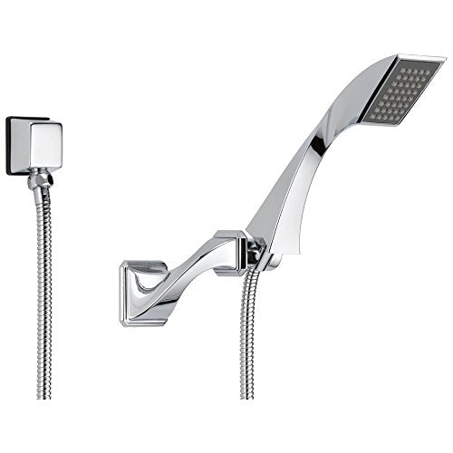 Chrome wall-mounted hand shower with square shower head, flexible hose, and wall bracket holder.