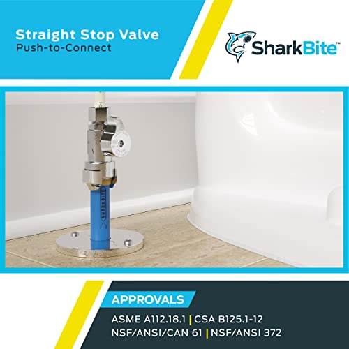 SharkBite straight stop valve with blue handle and chrome/brass fittings installed on floor.