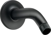 Matte black shower arm with circular flange and threaded connection end.