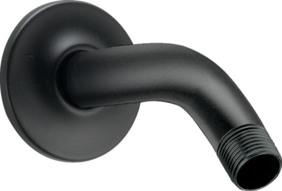 Matte black shower arm with circular flange and threaded connection end.