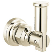 Polished nickel robe hook with cylindrical vertical arm and circular wall-mounted base with decorative grooved details.