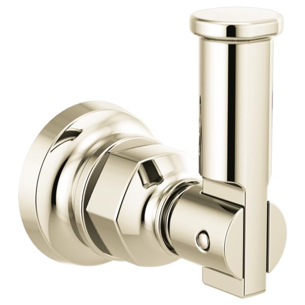 Polished nickel robe hook with cylindrical vertical arm and circular wall-mounted base with decorative grooved details.