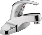 Chrome single-handle bathroom faucet with curved spout and red temperature indicator dot.