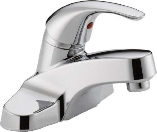 Chrome single-handle bathroom faucet with curved spout and red temperature indicator dot.