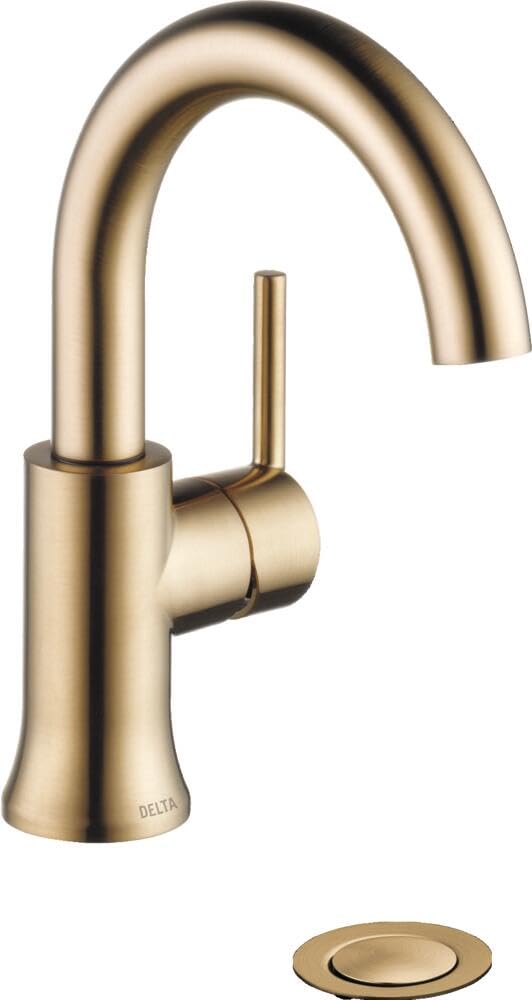 Brushed gold single-handle bathroom faucet with high-arc spout and round base plate.