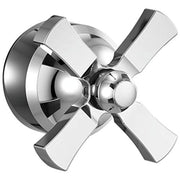 Chrome tub filler valve with dual lever handles and round mounting flange.