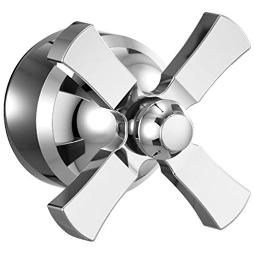 Chrome tub filler valve with dual lever handles and round mounting flange.