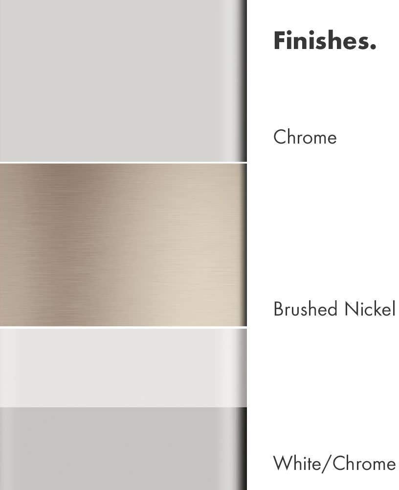 Brushed nickel finish swatch showing textured metallic surface compared to chrome and white/chrome options.