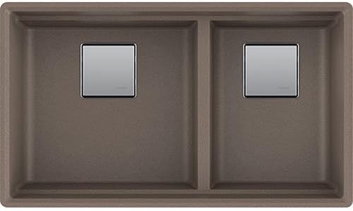 Storm gray granite double bowl kitchen sink with two square stainless steel drain strainers.
