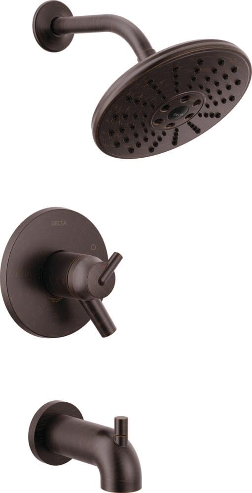 Bronze tub and shower trim with overhead showerhead, valve trim, and tub spout.
