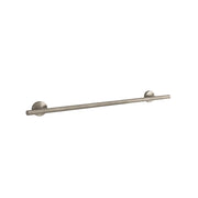 Brushed nickel towel bar with cylindrical ends and straight horizontal rod.
