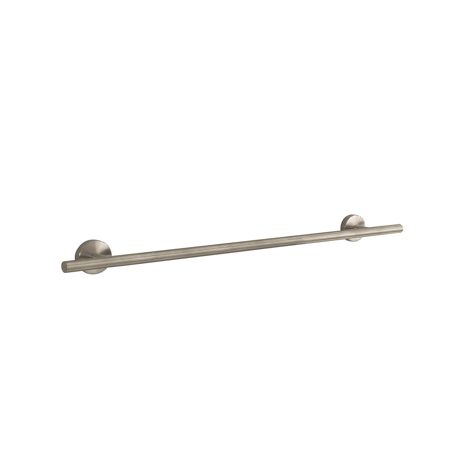 Brushed nickel towel bar with cylindrical ends and straight horizontal rod.