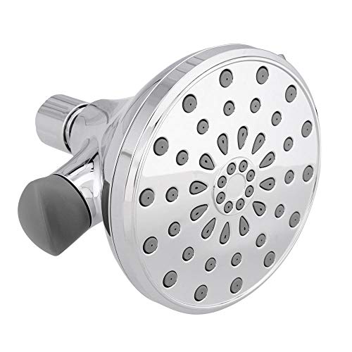 Chrome showerhead with multiple spray holes and adjustable control dial on arm mount.