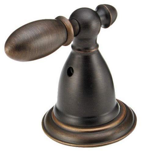 Venetian bronze metal lever handle with cone-shaped base and elongated oval handle on transfer valve assembly.