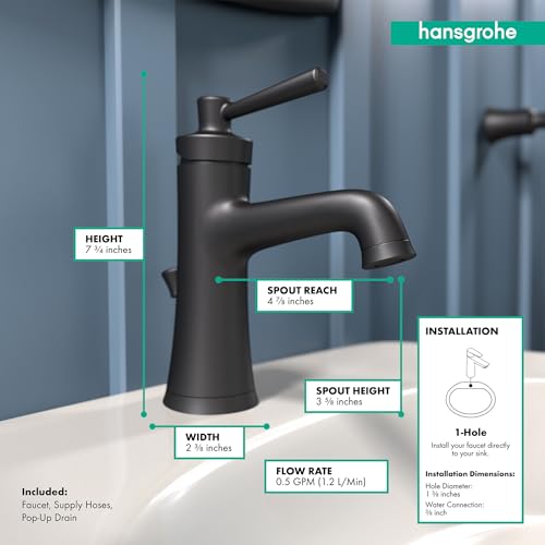 Matte black single-hole bathroom faucet with curved spout, pop-up drain, and angled handle, 7.9 inches tall with 5.6-inch spo
