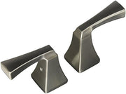 Two stainless steel lever handles with tapered bases and angled spouts for bathroom sink faucet.