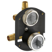 Brizo R75000 shower diverter rough-in with brass ports and black polymer body, two chrome valve outlets visible.