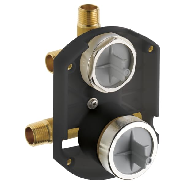 Brizo R75000 shower diverter rough-in with brass ports and black polymer body, two chrome valve outlets visible.