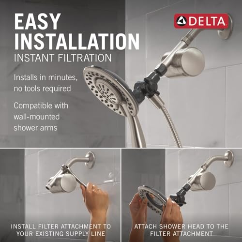 Brushed nickel dual shower head with filter attachment showing installation steps and water flow demonstration.